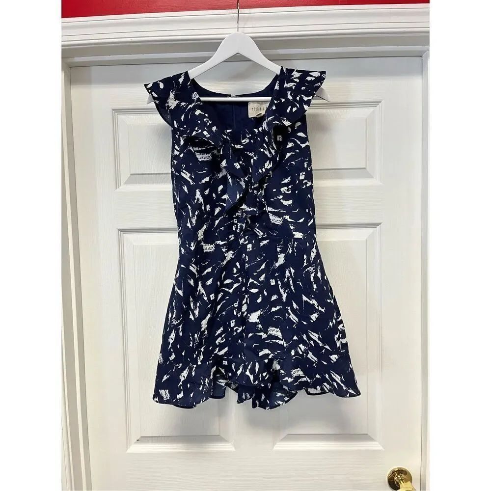 Moon River Navy & White Print Ruffle Trim Romantic Romper sz L EUC